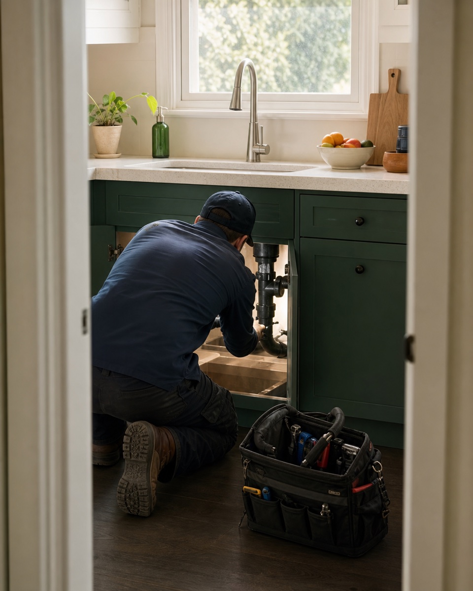 Repair professional works only beneath the kitchen sink during a limited rental-entry visit.