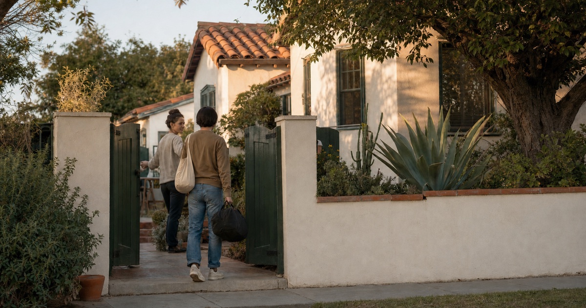 One resident welcomes another adult carrying an unbranded overnight tote through a rental property's gate.