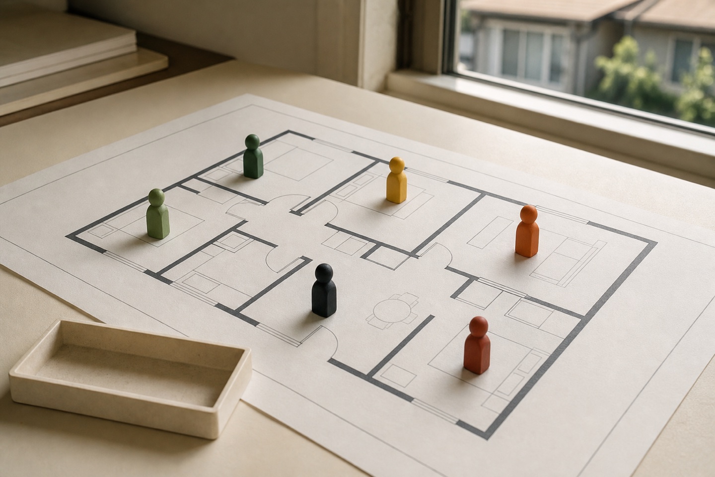 Colored human markers on a floor plan represent different occupancy classifications.
