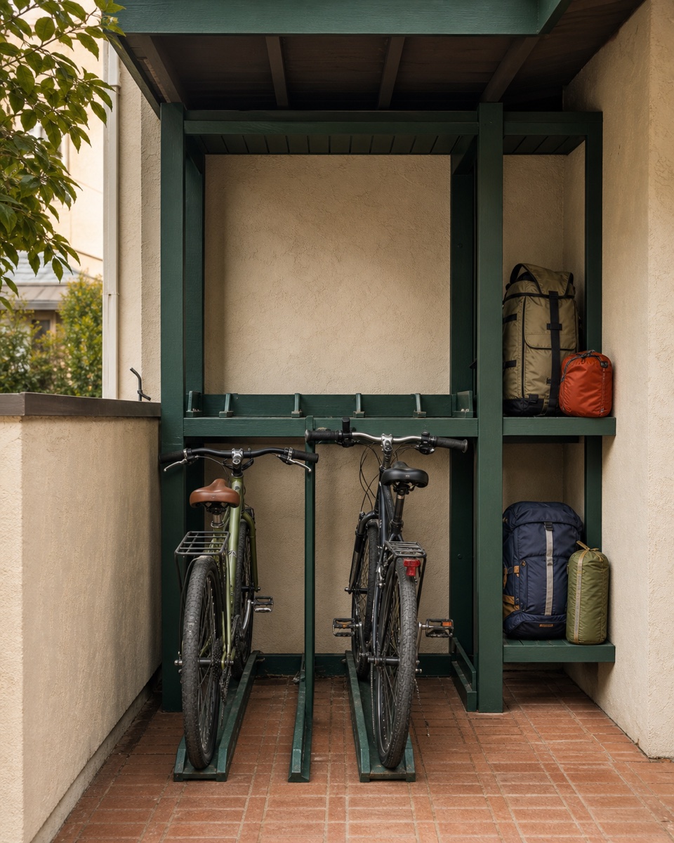 Two bicycles and two sets of everyday gear are stored in assigned spaces at a rental property.