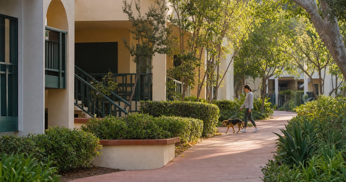 Resident walks a calm leashed dog along a landscaped Southern California apartment path.