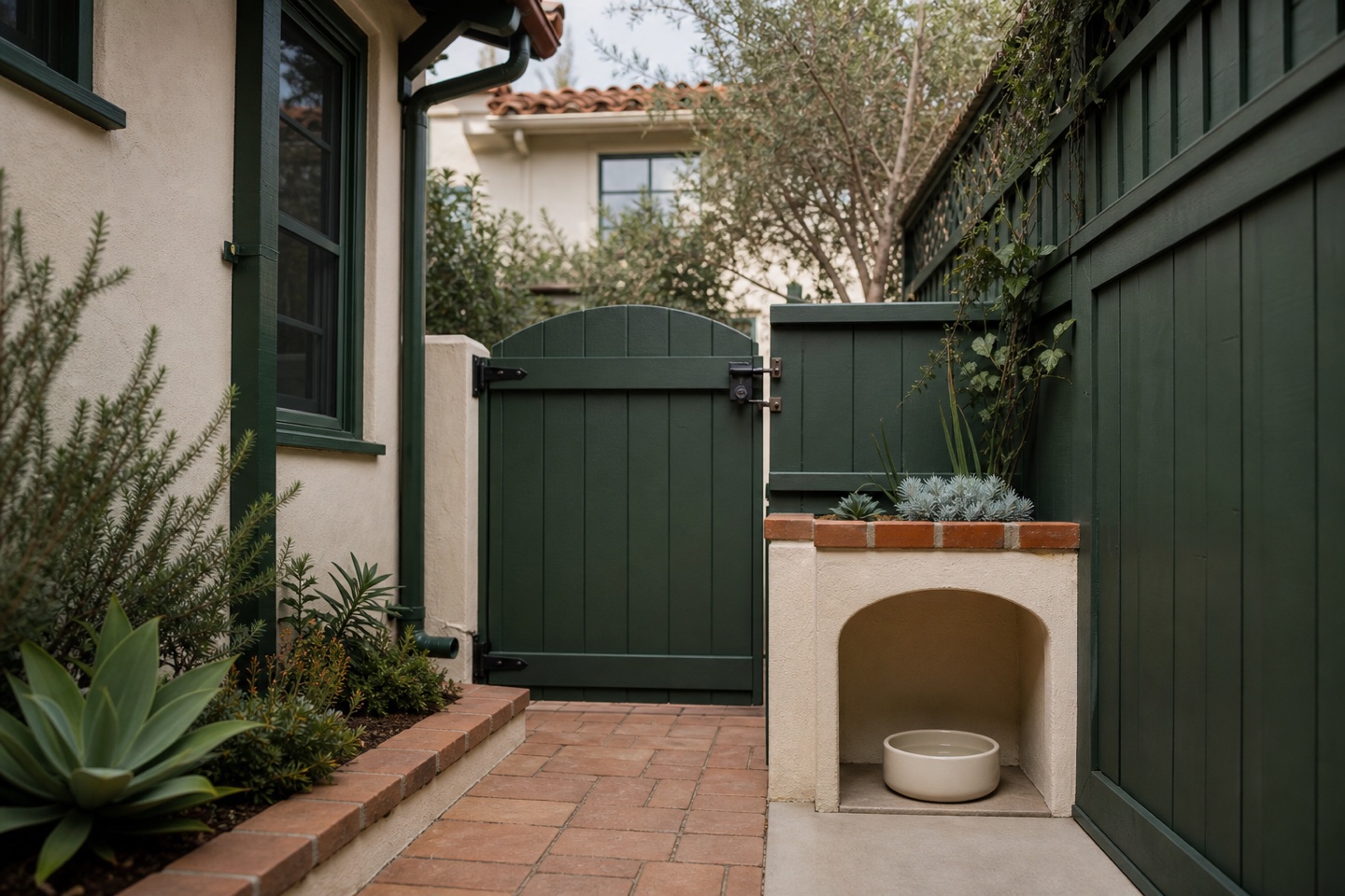 Secure green patio gate, durable planting, and a shaded ceramic water-bowl niche.