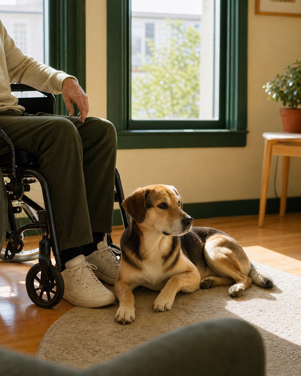 Calm dog rests beside an adult wheelchair in a sunlit California apartment.