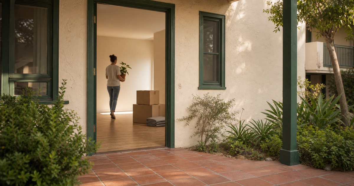 Tenant carries a small plant through a California rental room with sealed moving boxes nearby.