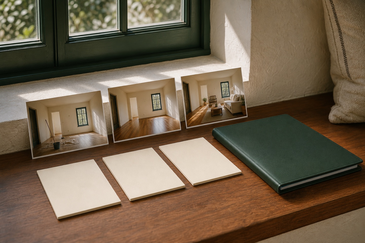 Three room-condition photographs and blank calendar tiles show a good-faith reletting chronology.