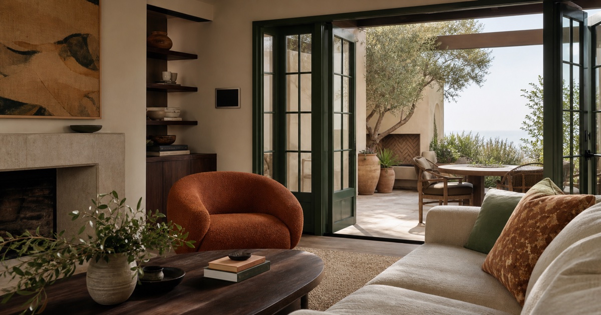 Refined furnished California living room opens through green doors to a sheltered coastal courtyard.