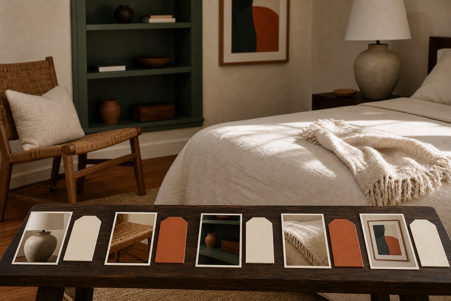 Photographic inventory cards and blank color tabs correspond to furnishings in a warm bedroom.
