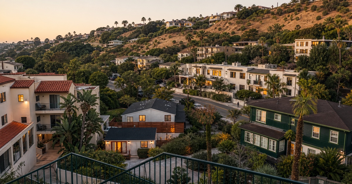Southern California hillside neighborhood with varied rental property types across several blocks.