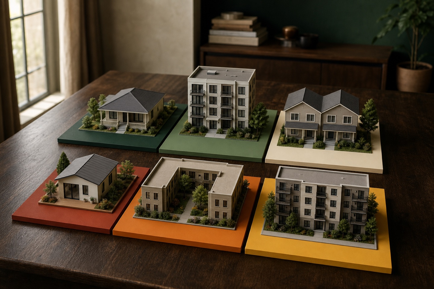 Six architectural study models distinguish common California rental property types in a portfolio matrix.
