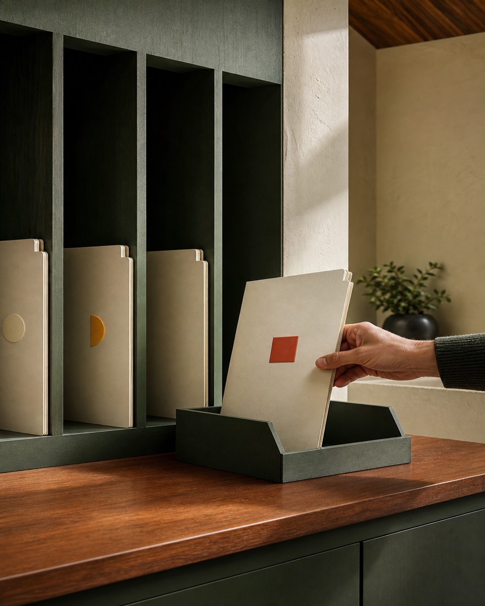 Manager moves a rust-marked folio into a separate review cradle within an escalation system.