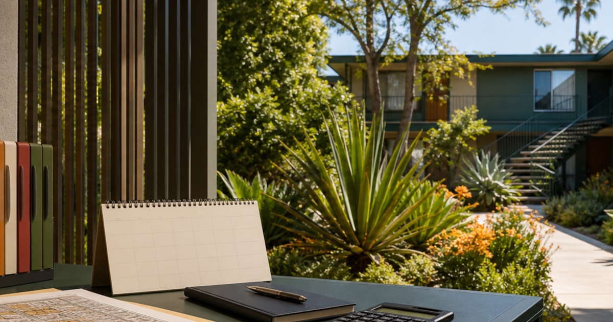 California multifamily courtyard with organized local compliance materials