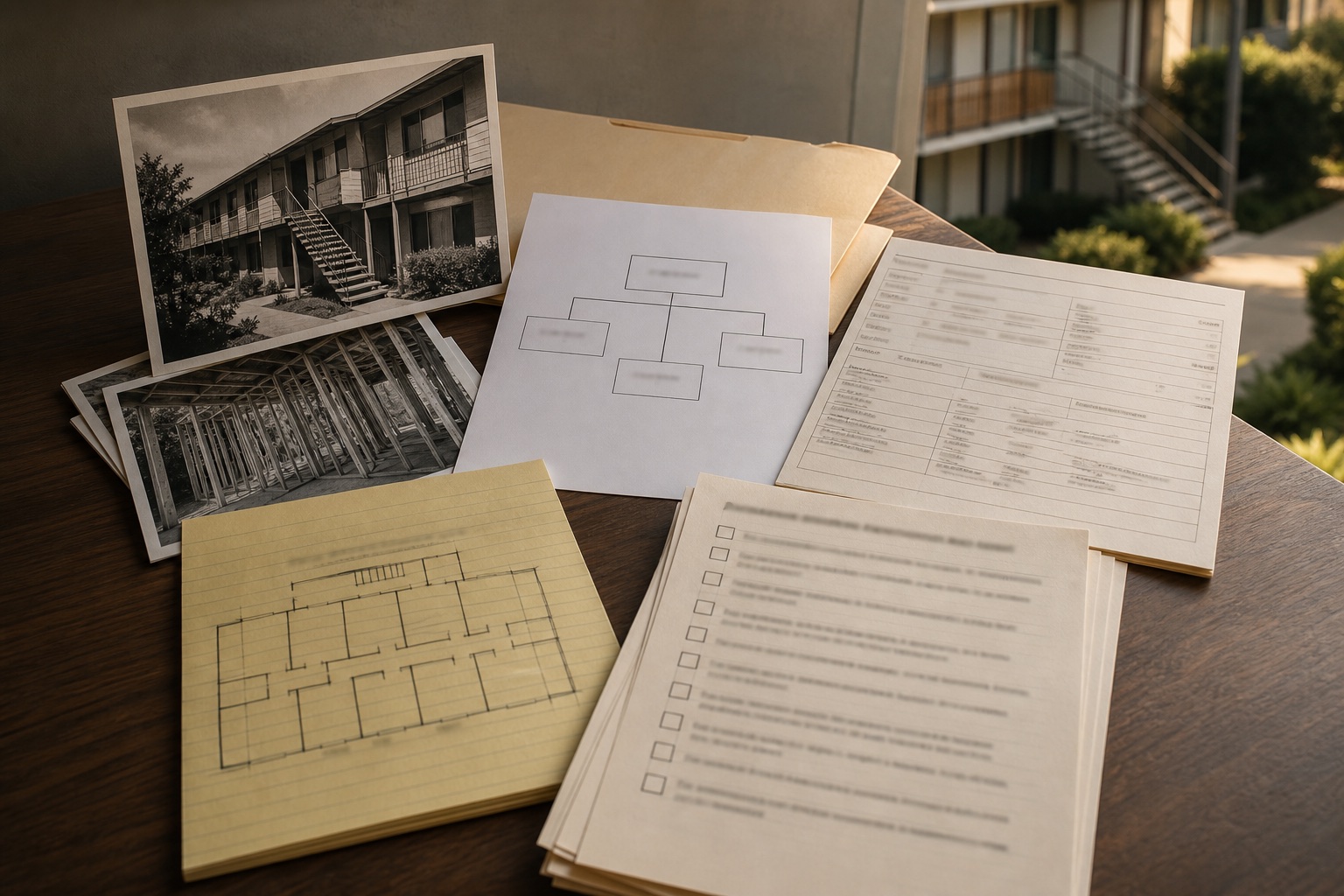 Construction records and unit plans arranged for rental-property coverage analysis