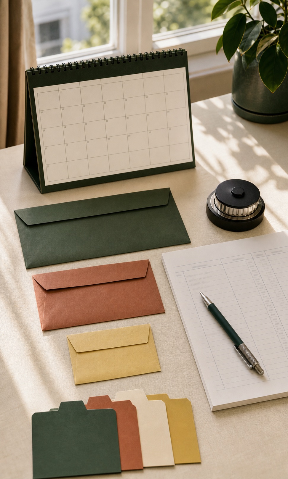 Blank calendar, rent ledger, and envelopes arranged for notice-timing review