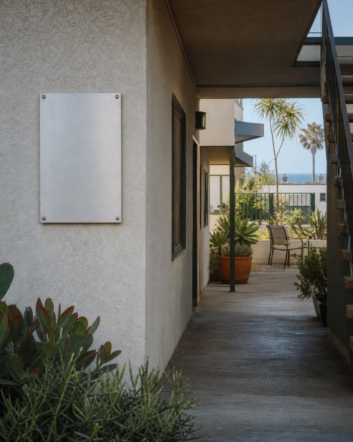 Shaded shared apartment corridor with a blank policy placard and coastal light beyond.