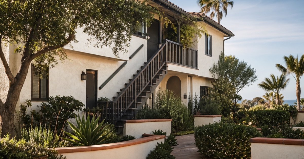 Warm morning light on a landscaped coastal Southern California rental property.