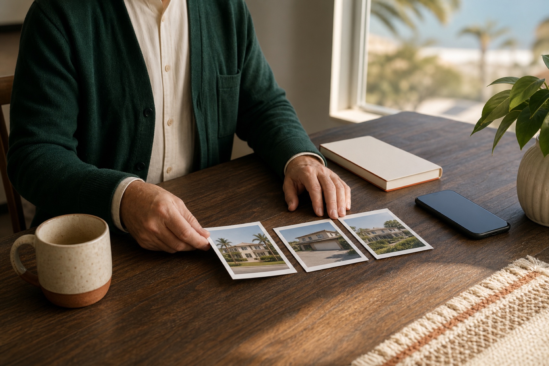 Property owner organizing rental-home photographs and notes before a consultation.
