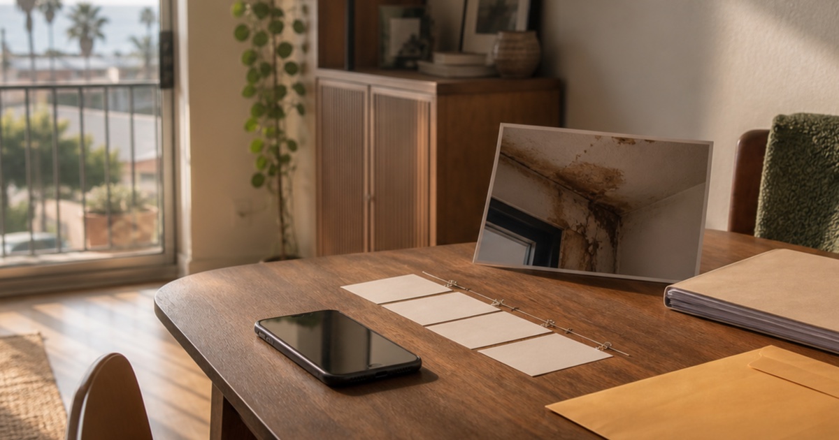 California apartment interior with a carefully organized housing-issue file