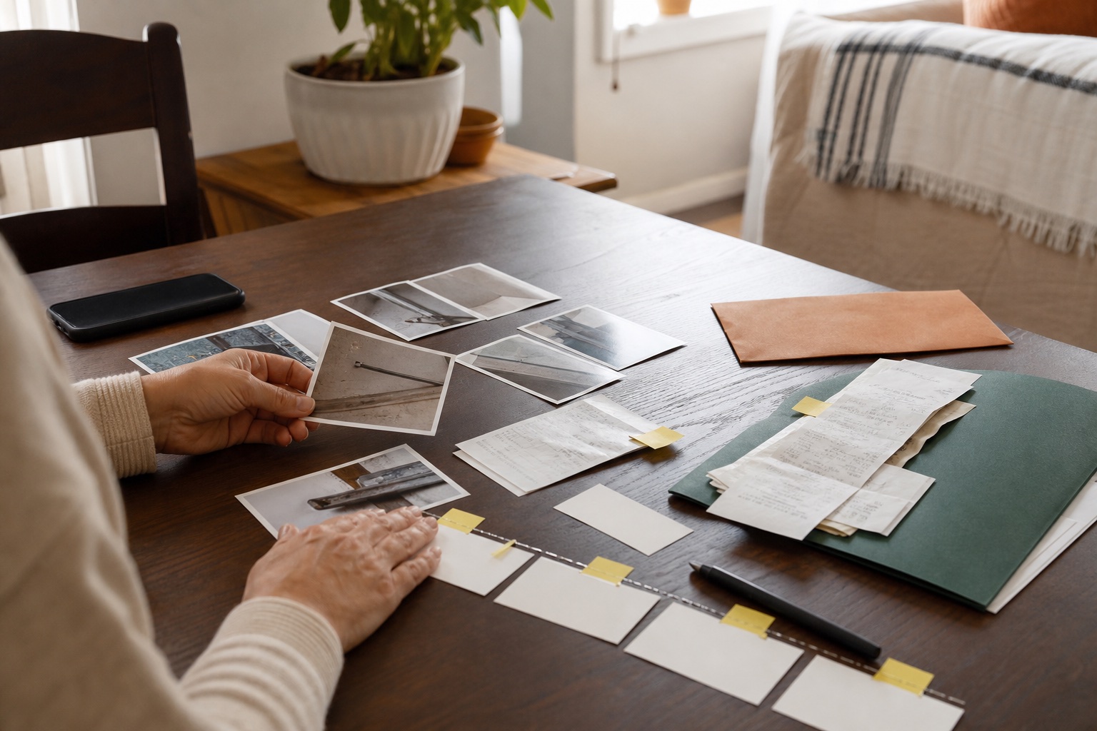 Housing-condition photographs and blank timeline cards organized on a tenant’s table