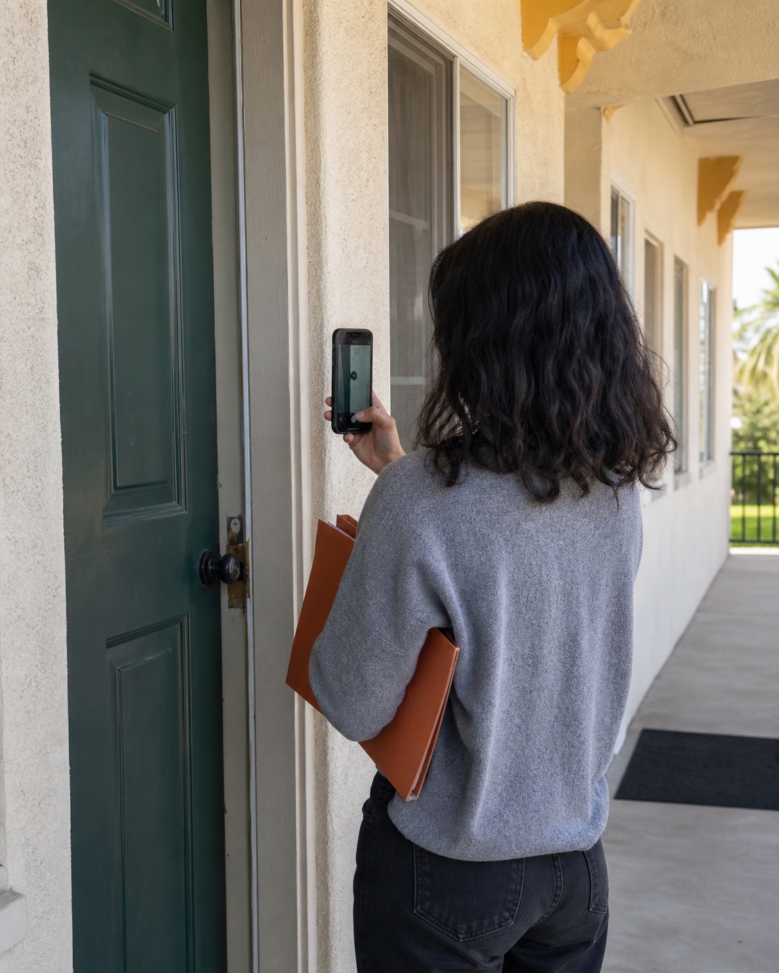 Renter documenting an apartment door condition from an exterior walkway