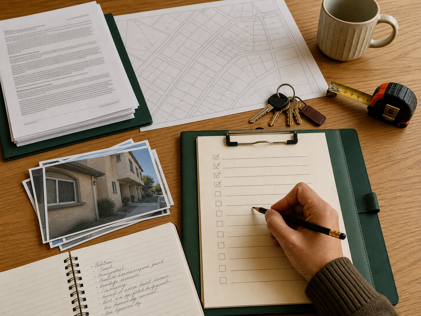 Lease, property records, payment ledger, and planning materials arranged for review