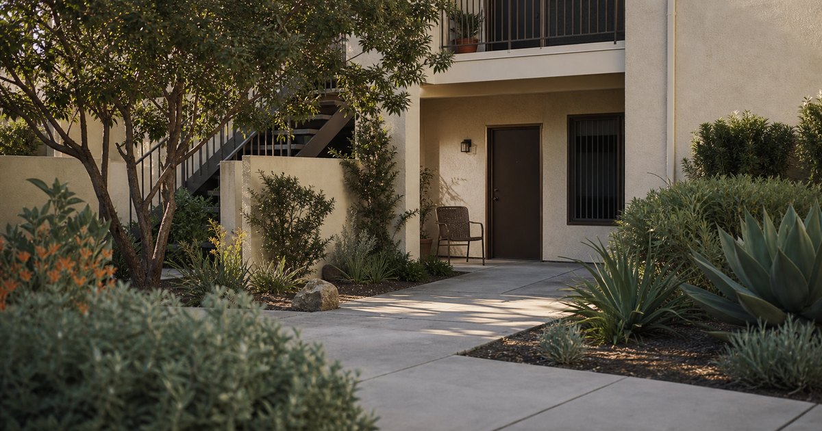 Quiet California apartment entry and courtyard at the point of a pre-litigation possession assessment