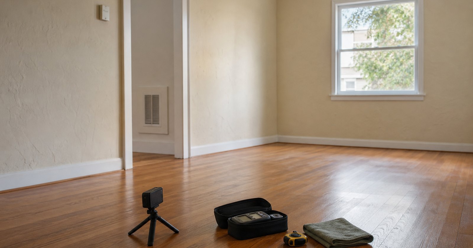 Empty rental room with a camera, moisture meter, and measuring tape prepared for a condition inspection
