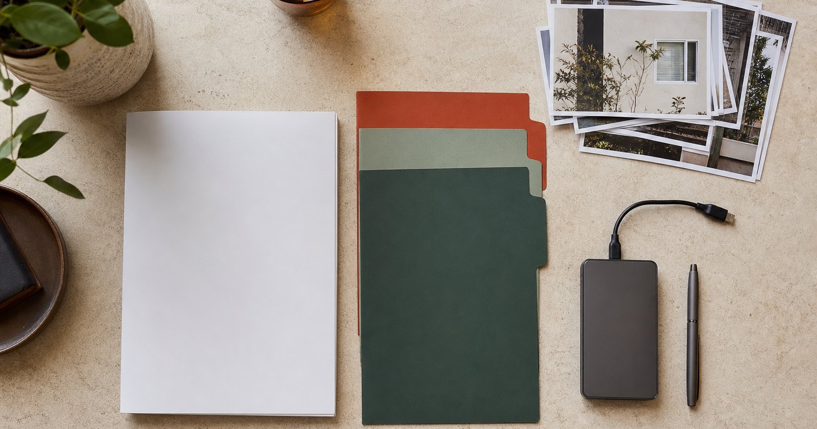 Blank tenancy packet, face-down property photographs, colored dividers, and an archive drive arranged for review
