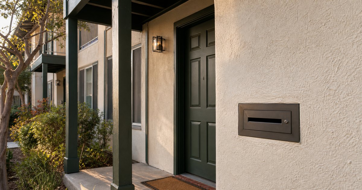 Secure unmarked payment slot beside the entry of a modest California apartment property