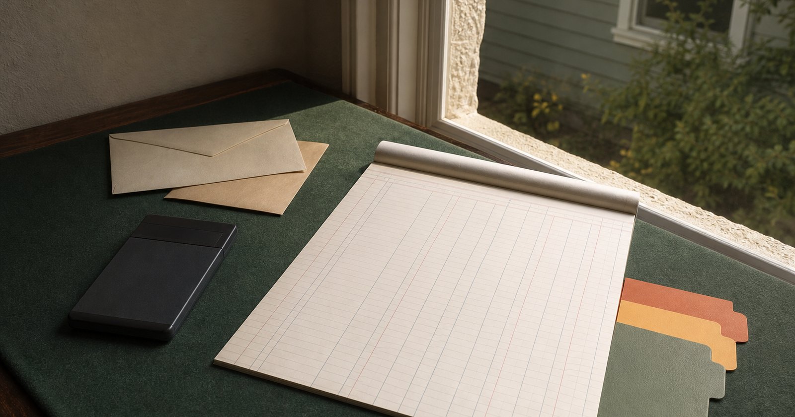 Blank rent ledger, unbranded calculator, colored payment dividers, and sealed plain envelopes on a table