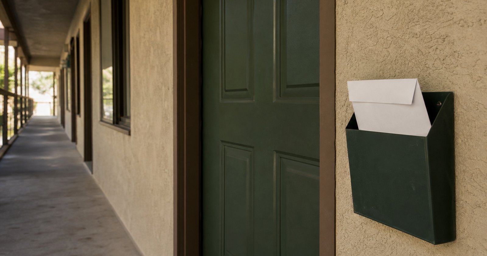 Plain sealed envelope positioned at a California apartment doorway with no visible writing