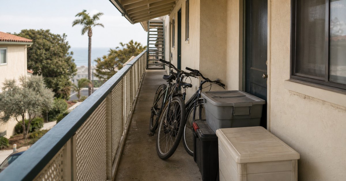 Bicycles and storage boxes narrowing an apartment common walkway