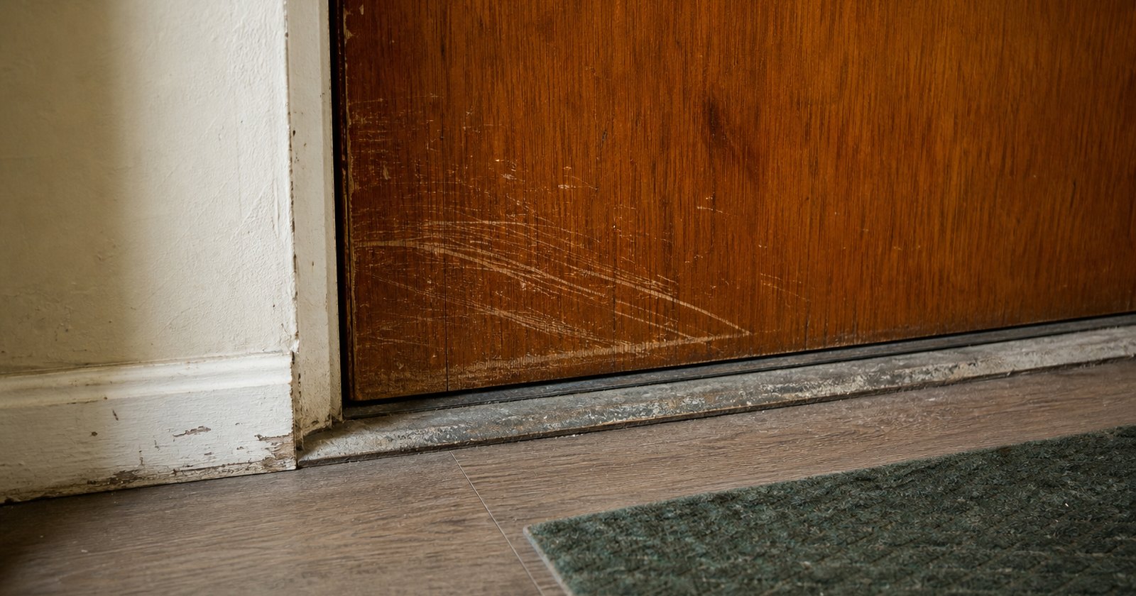 Scratched interior door and worn flooring threshold in a California rental