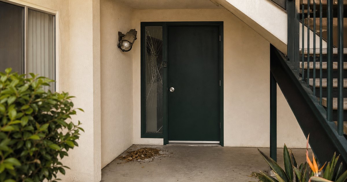 Rental common entry with a cracked pane, damaged light fixture, and scattered debris after a disturbance