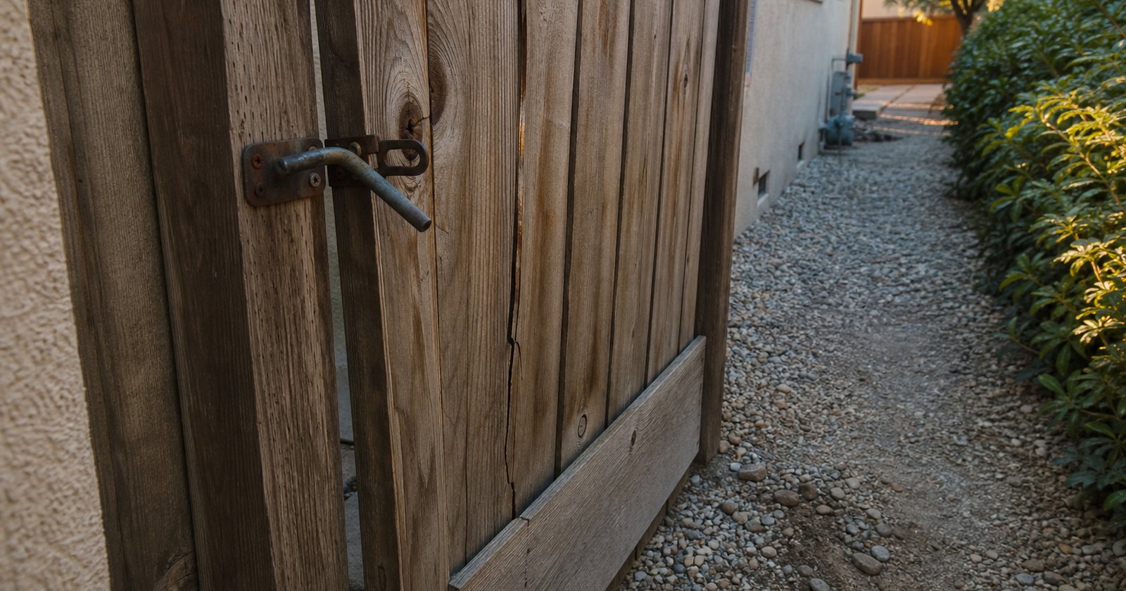 Bent latch and damaged fence boards at a California rental side gate