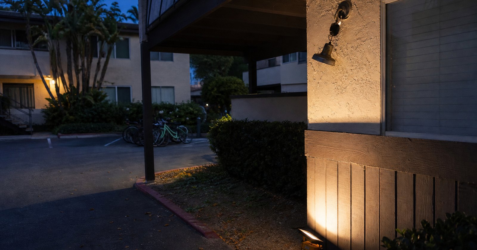 Dim apartment parking alcove with one damaged wall light and clear evidence sightlines