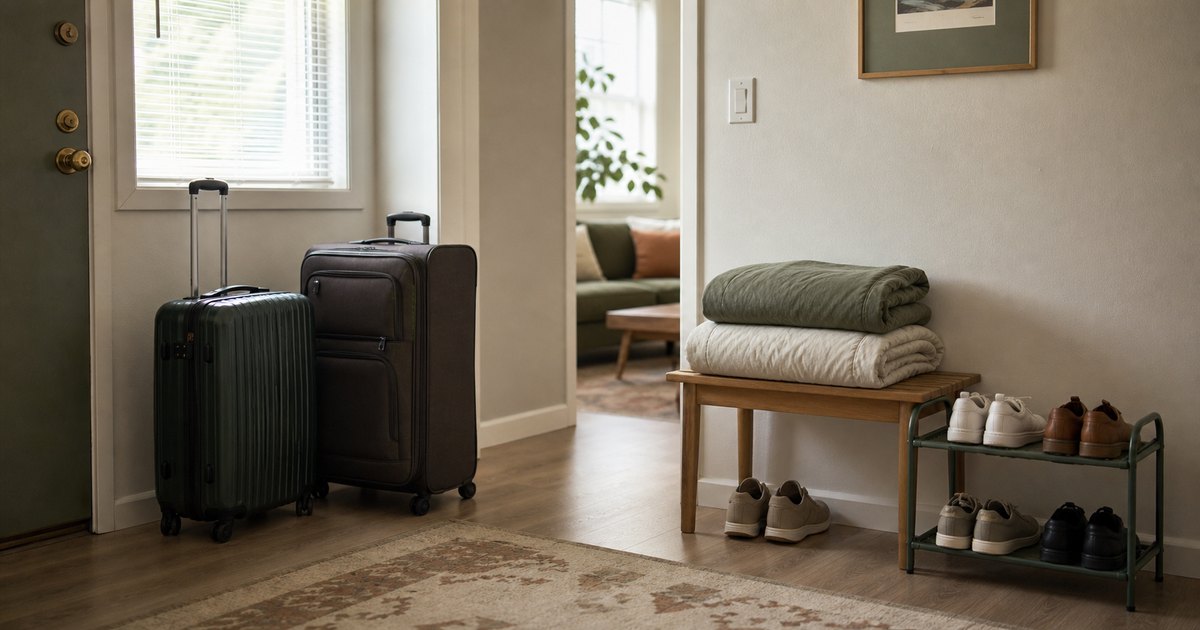 Additional luggage and folded bedding inside a modest California apartment entry