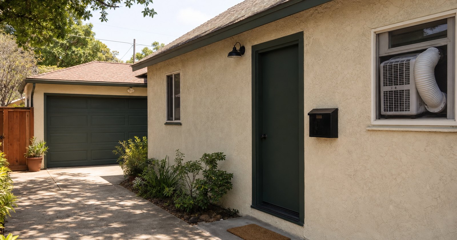 Secondary side entry and portable cooling unit at a converted California garage space