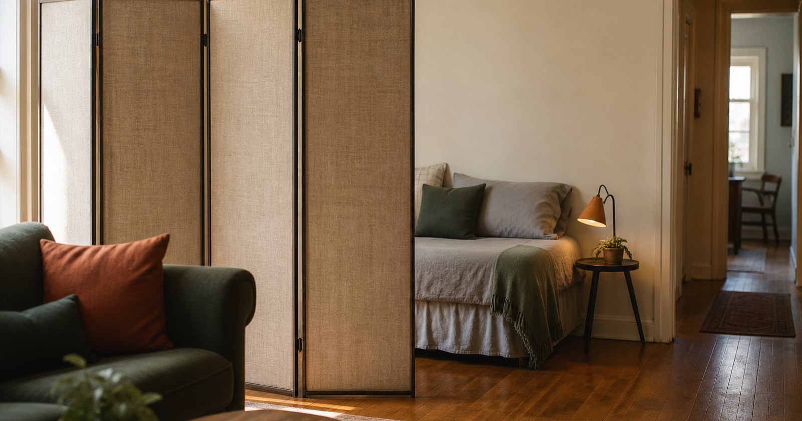 Temporary room divider and spare sleeping area in a California rental living room