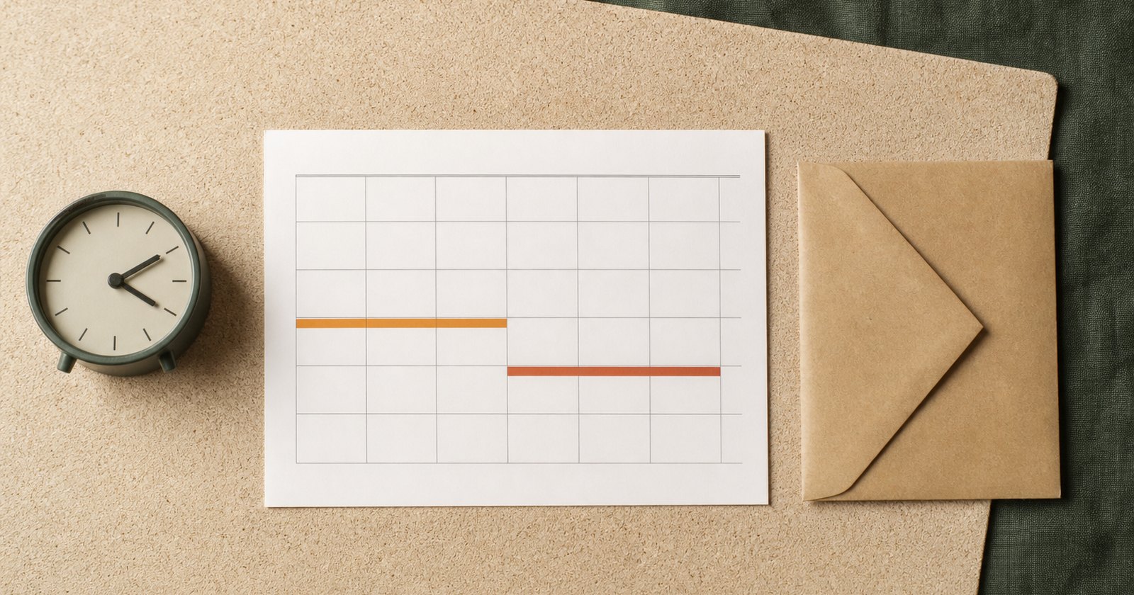Blank month grid with two colored timing bands and an analog clock