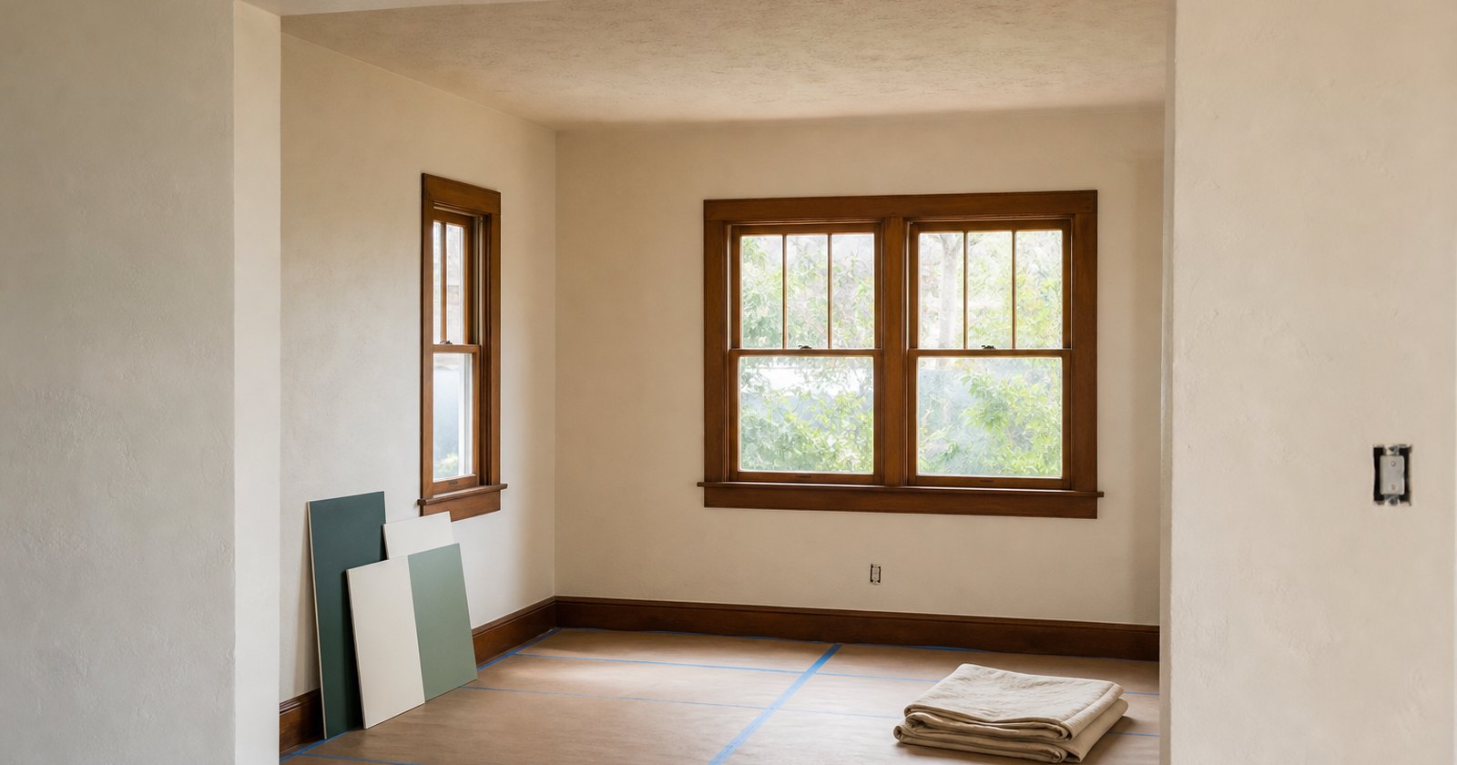 Vacant California bungalow room with covered flooring, paint samples, and orderly remodel preparation