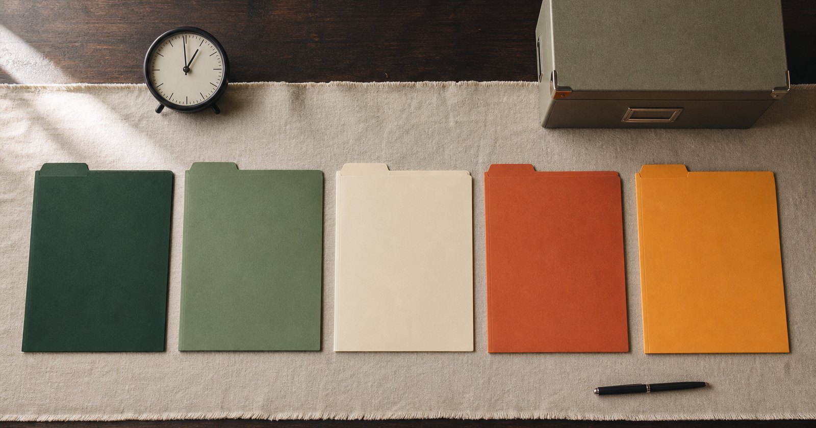 Blank color-coded case folders arranged in sequence beside an analog clock and archive box