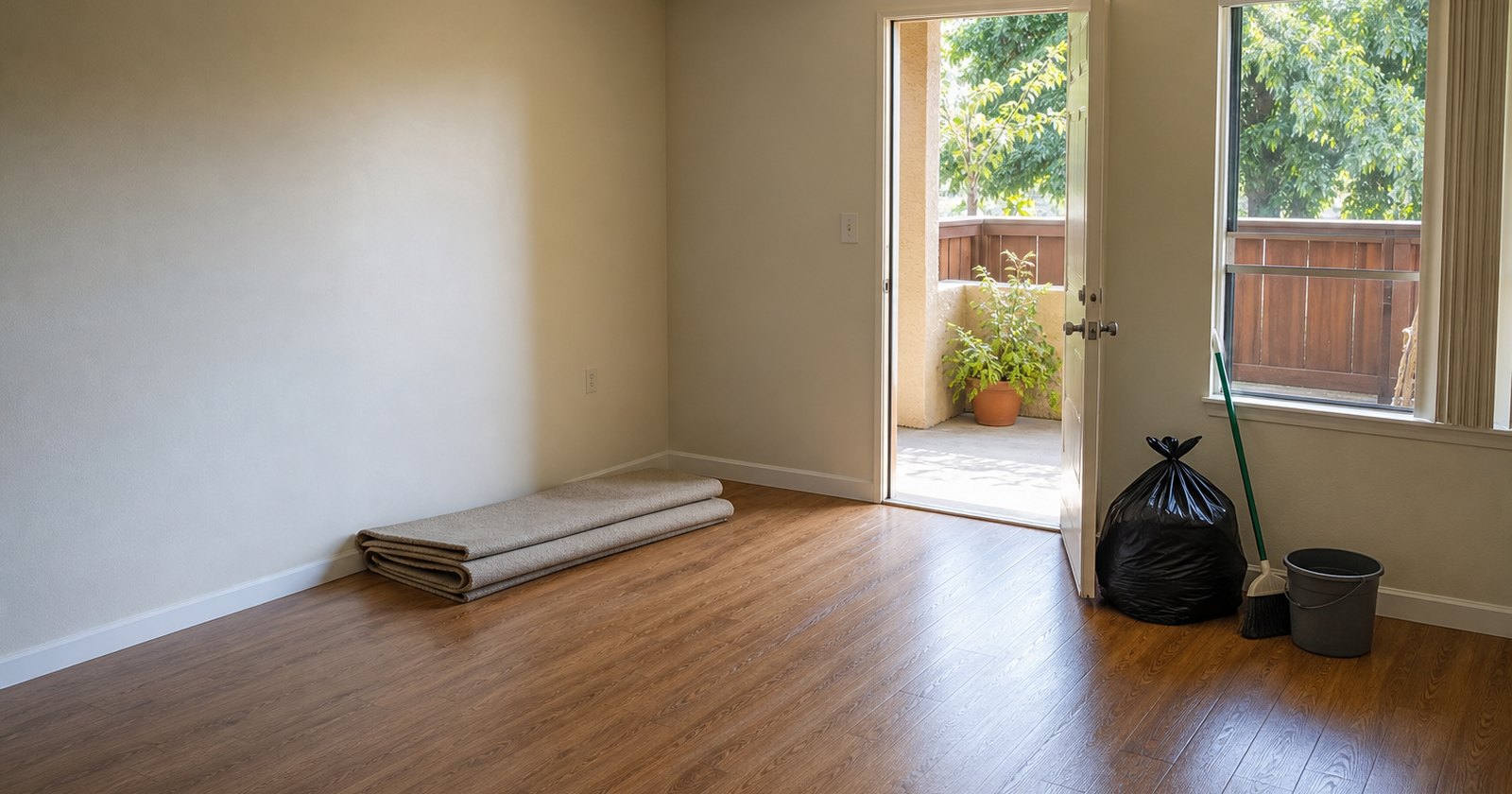 Clean vacant apartment after possession with open windows and basic turnover supplies