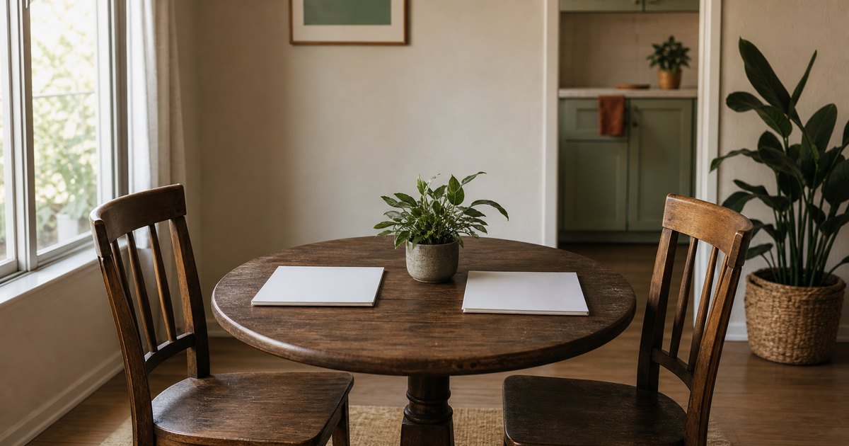 Two empty chairs facing one another across a neutral table in a California rental home