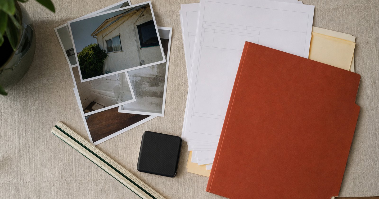 Face-down property photographs, blank repair invoices, and an unmarked insurance folder arranged for review