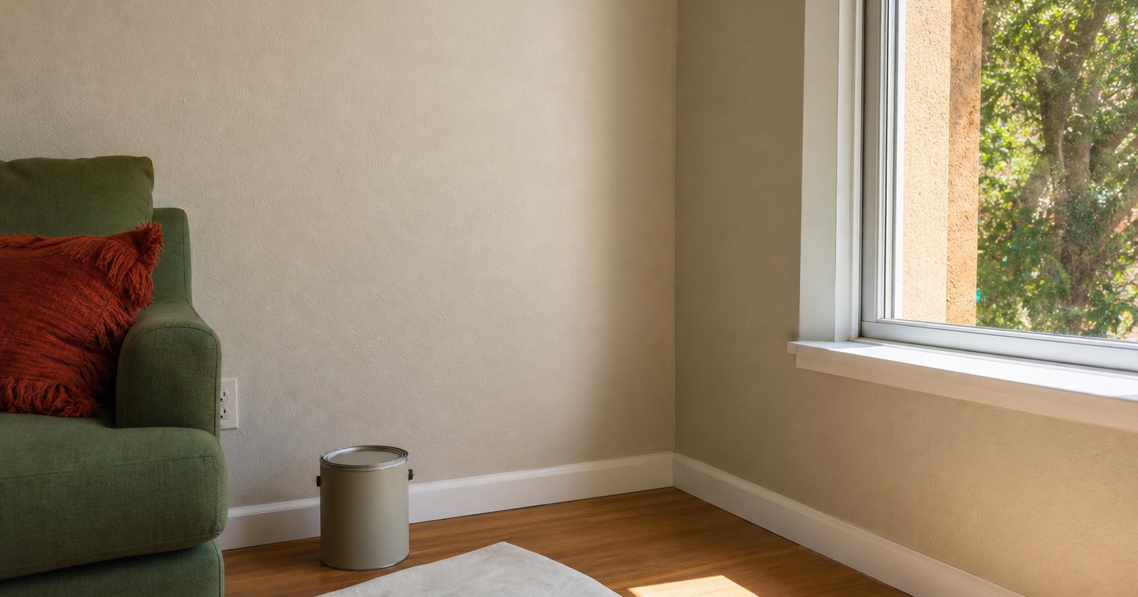 Freshly repaired rental wall and window corner with paint tools packed away