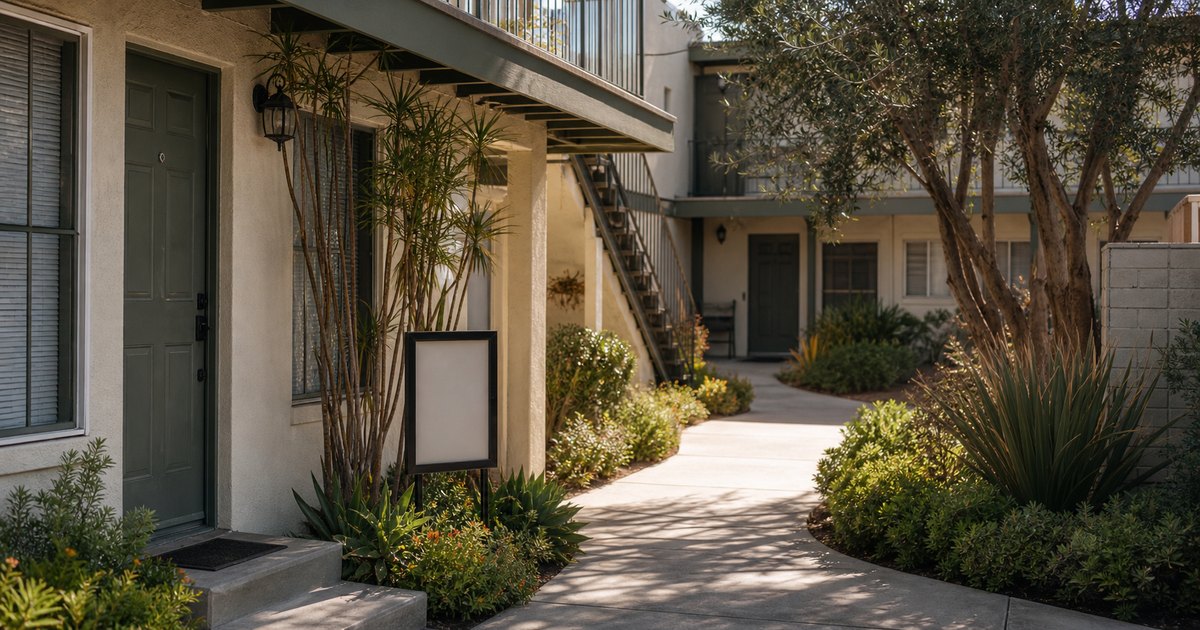 Sunlit Southern California apartment courtyard with similar rental entries and a blank leasing display