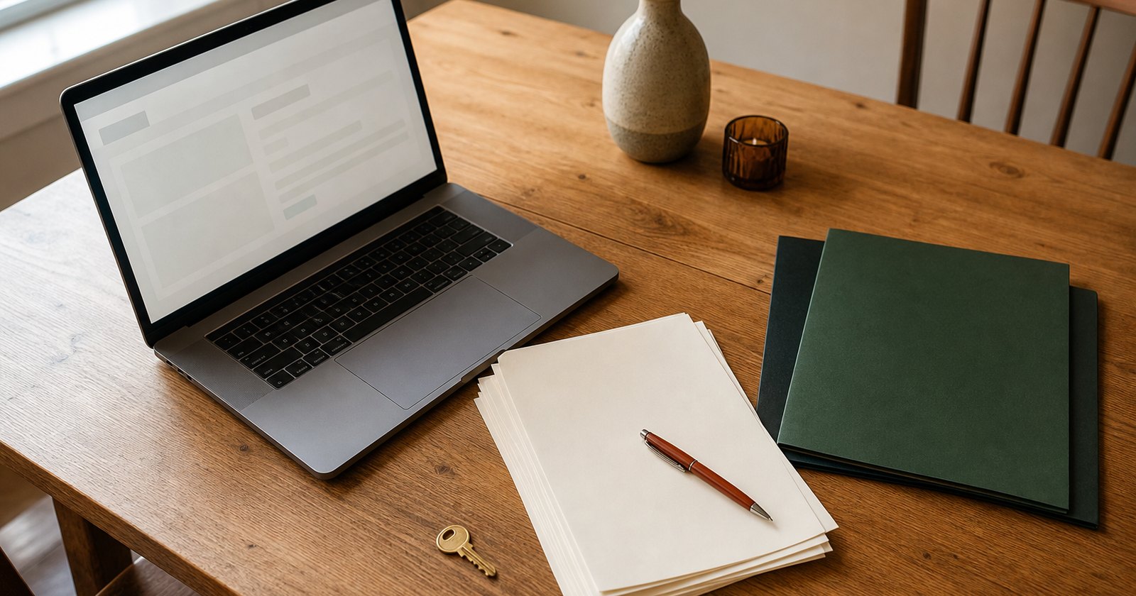 Orderly rental application review workspace with blank forms, folders, a laptop, pen, and key