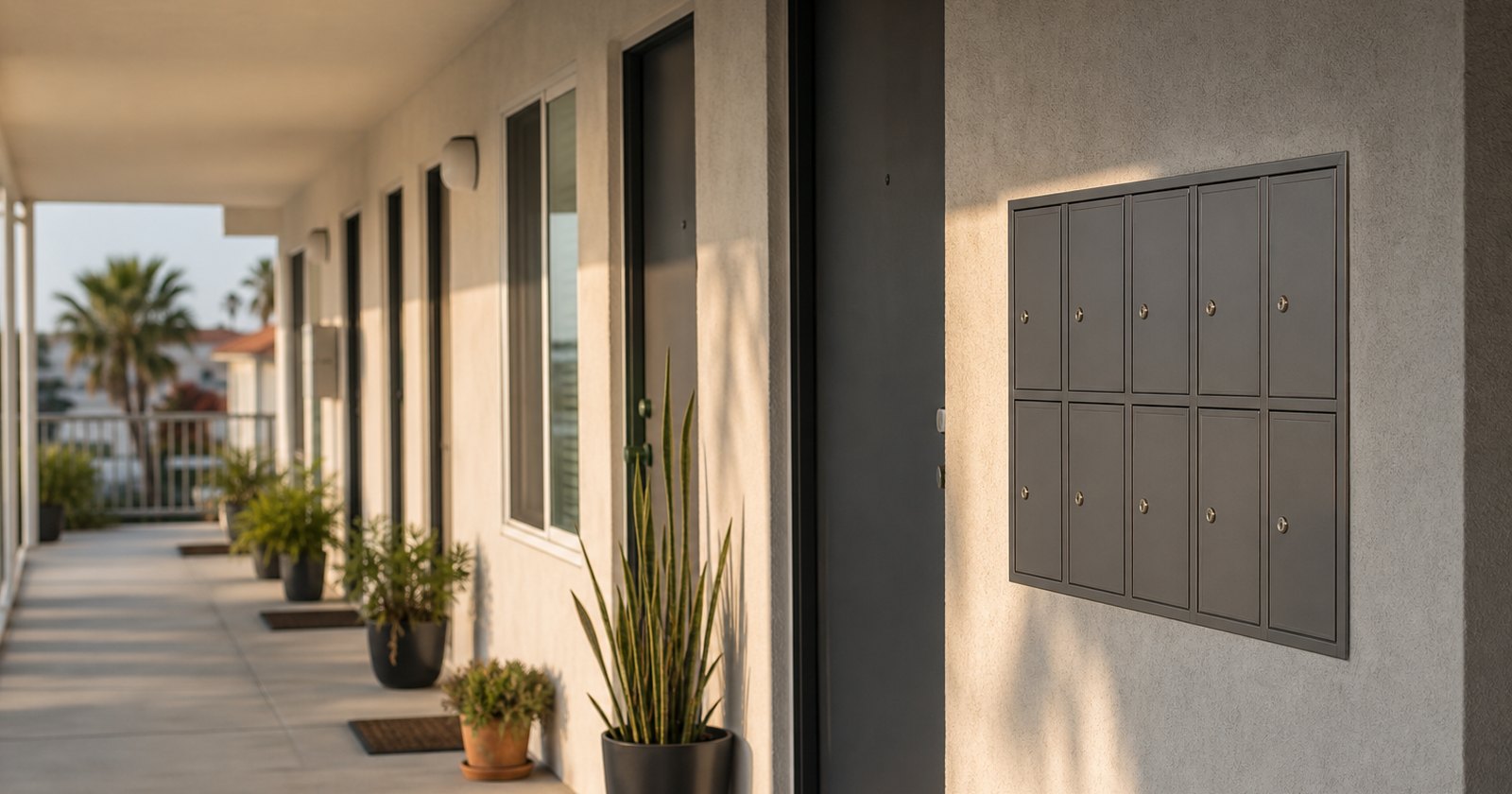 Orderly bank of identical apartment mailboxes beside a row of comparable rental entrances