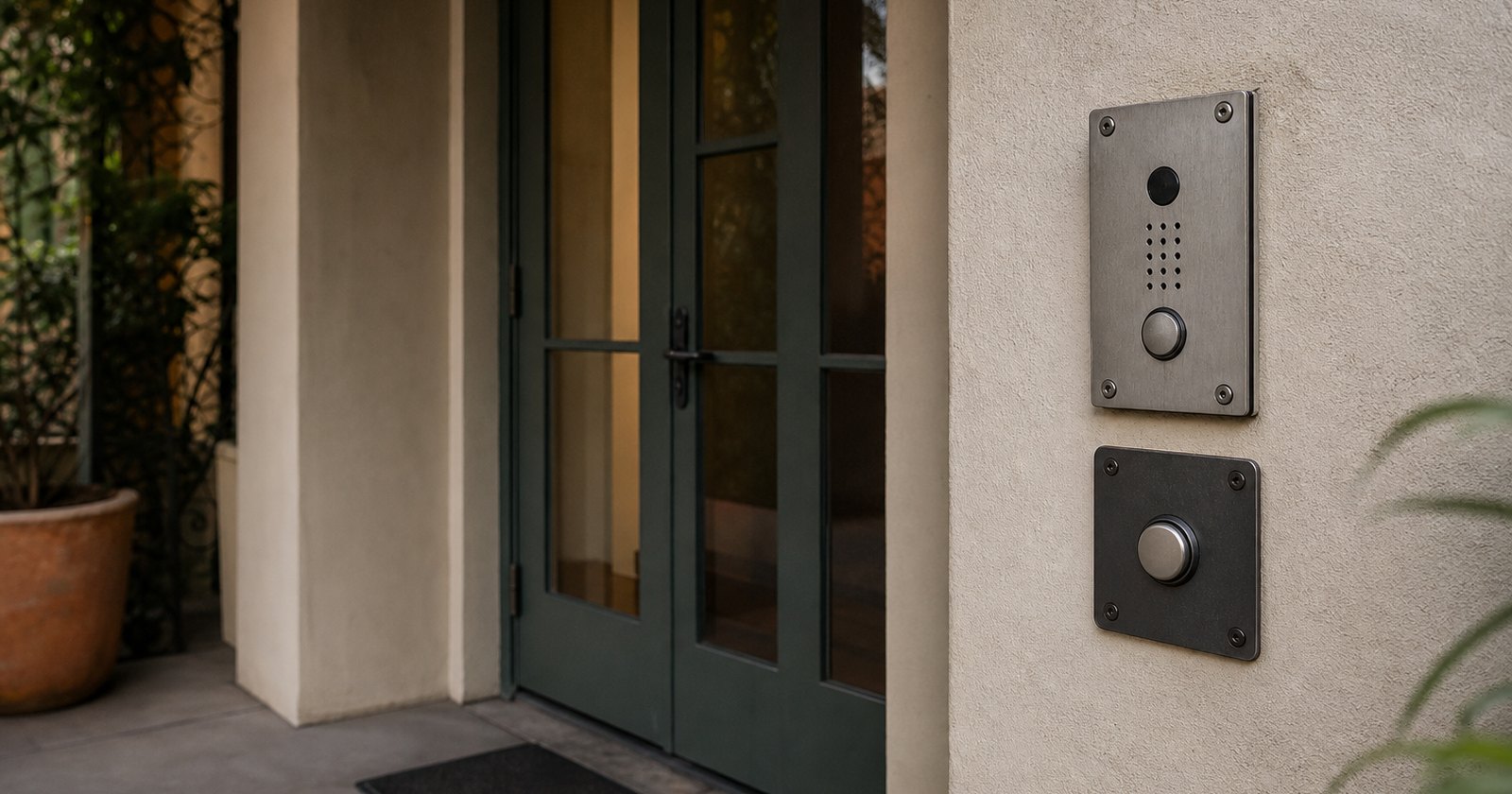 Low-mounted apartment intercom and door controls beside a broad, level entry threshold