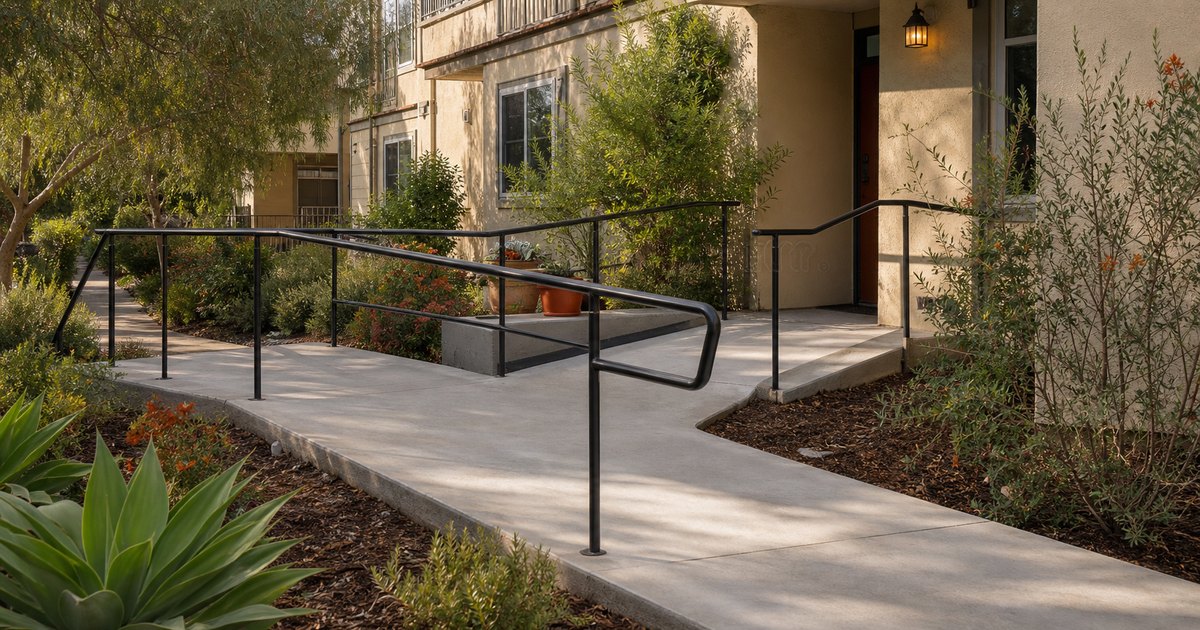 Integrated access ramp with simple railings at a California stucco rental courtyard